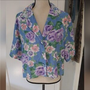 Vintage Victoria's Secret Gold Label Blue Floral Short Sleeve Top Small